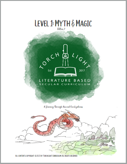 Torchlight level 1 Cover Image. The cover to Torchlight Curriculum Level 1 has a dark green watercolor logo prominently displayed, followed by a red Asian-style dragon flying over a small village at the foot of mountains, all in watercolor style.
