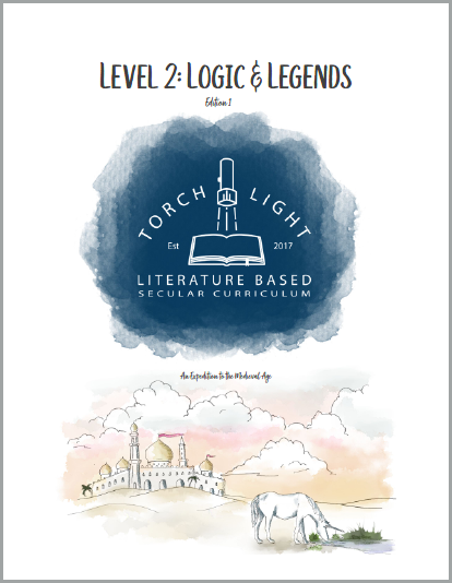 Torchlight Level 2 Cover Image. The cover to Torchlight Curriculum Level 2 has a dark blue watercolor logo prominently displayed, followed by a white unicorn grazing in front of a broadly Middle Eastern style palace in the background, all in watercolor style.